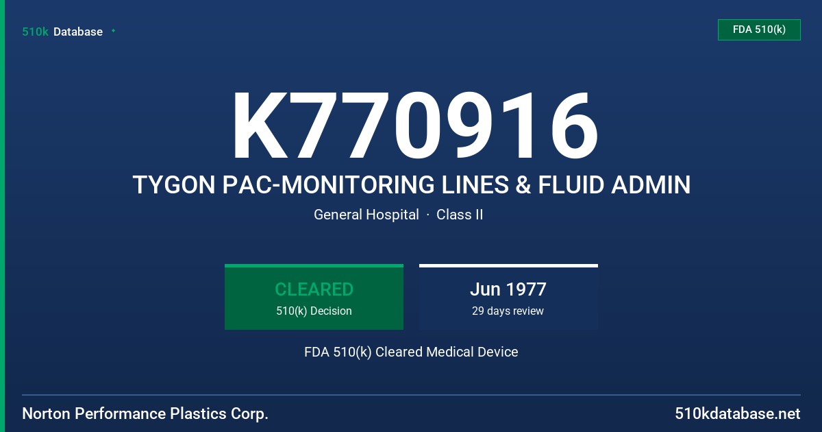 K770916 TYGON PAC-MONITORING LINES & FLUID ADMIN FDA 510(k) Cleared Medical Device