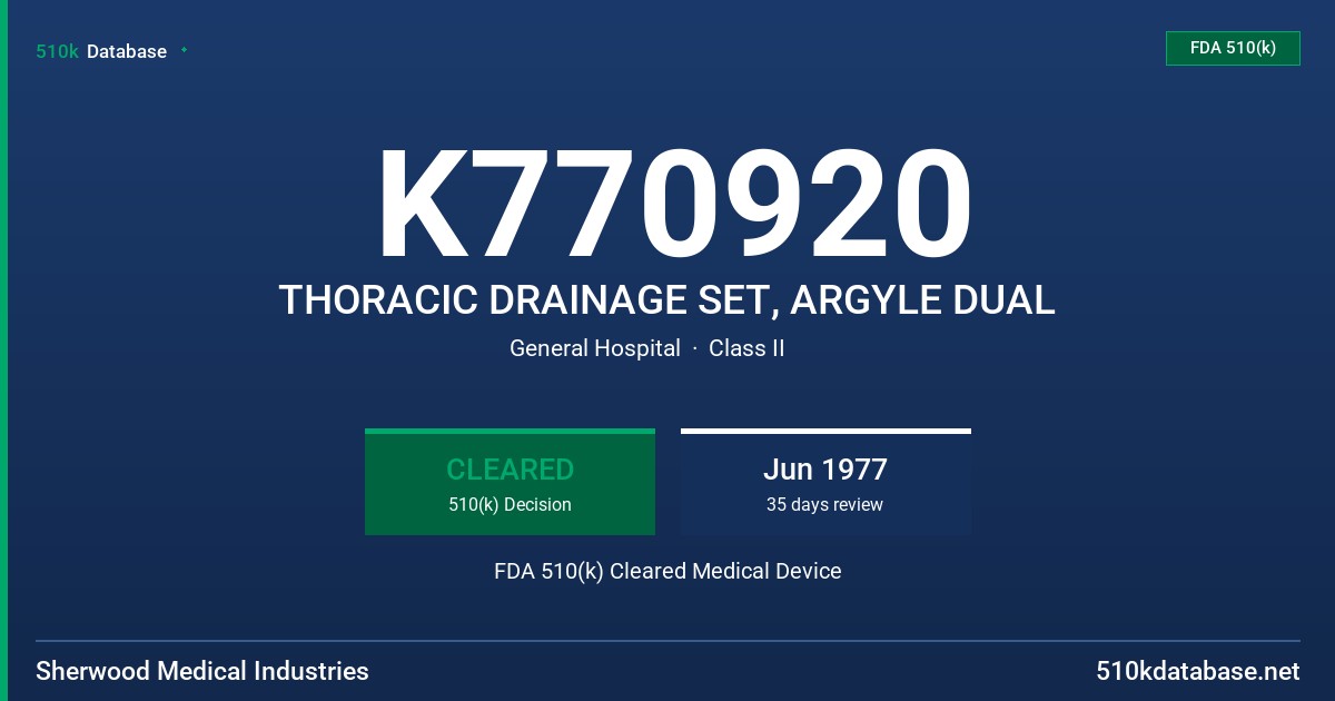 K770920 THORACIC DRAINAGE SET, ARGYLE DUAL FDA 510(k) Cleared Medical Device