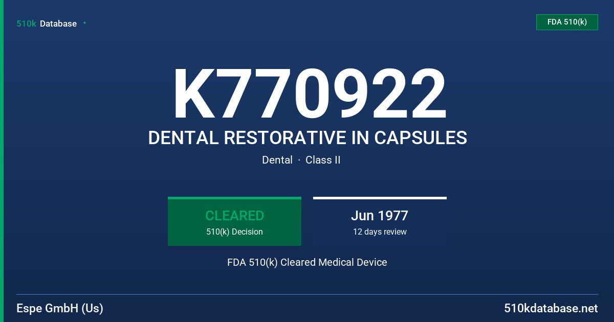 K770922 DENTAL RESTORATIVE IN CAPSULES FDA 510(k) Cleared Medical Device