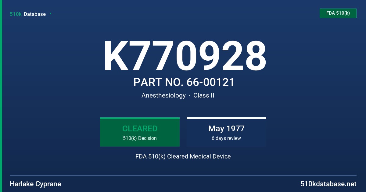 K770928 PART NO. 66-00121 FDA 510(k) Cleared Medical Device