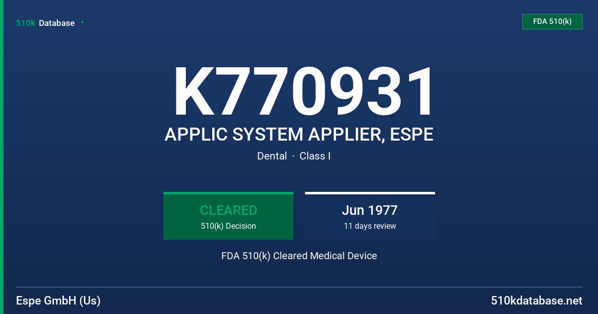 K770931 APPLIC SYSTEM APPLIER, ESPE FDA 510(k) Cleared Medical Device