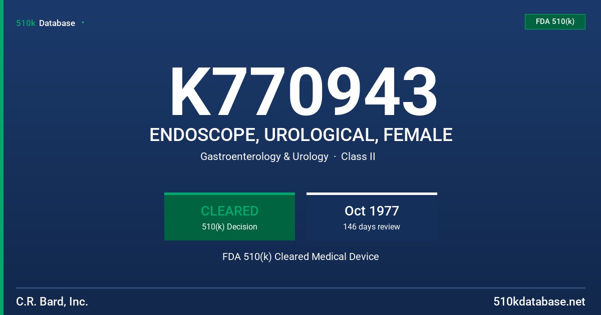 K770943 ENDOSCOPE, UROLOGICAL, FEMALE FDA 510(k) Cleared Medical Device