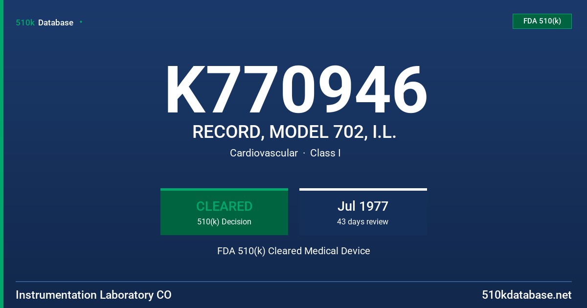 K770946 RECORD, MODEL 702, I.L. FDA 510(k) Cleared Medical Device