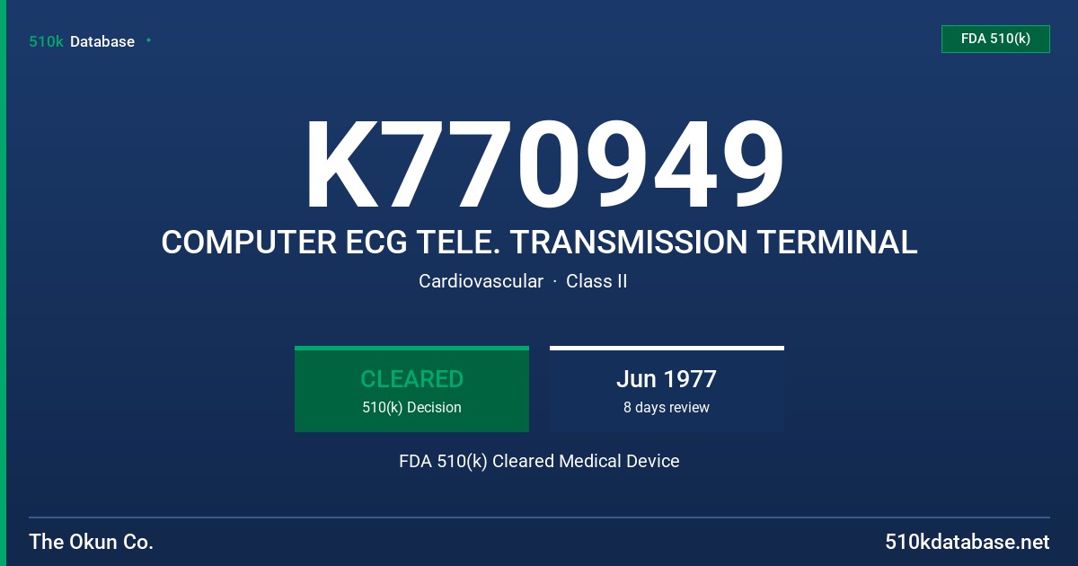 K770949 COMPUTER ECG TELE. TRANSMISSION TERMINAL FDA 510(k) Cleared Medical Device