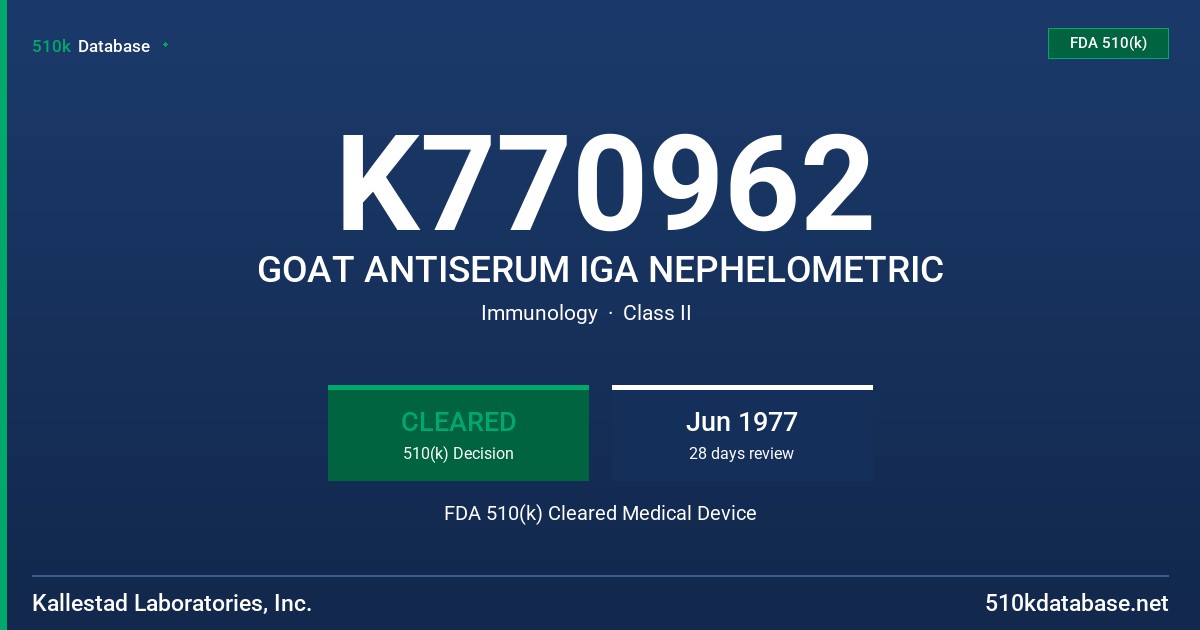 K770962 GOAT ANTISERUM IGA NEPHELOMETRIC FDA 510(k) Cleared Medical Device