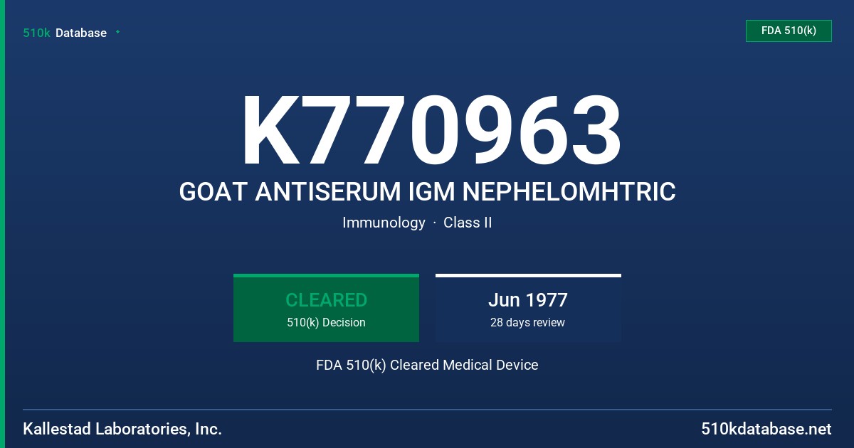 K770963 GOAT ANTISERUM IGM NEPHELOMHTRIC FDA 510(k) Cleared Medical Device