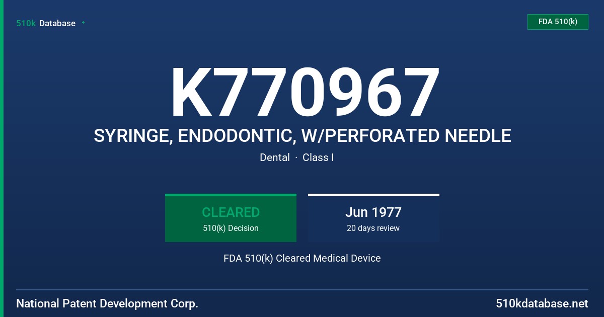 K770967 SYRINGE, ENDODONTIC, W/PERFORATED NEEDLE FDA 510(k) Cleared Medical Device
