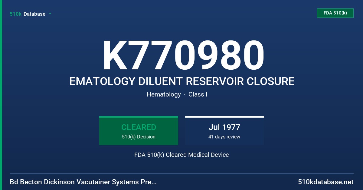 K770980 EMATOLOGY DILUENT RESERVOIR CLOSURE FDA 510(k) Cleared Medical Device