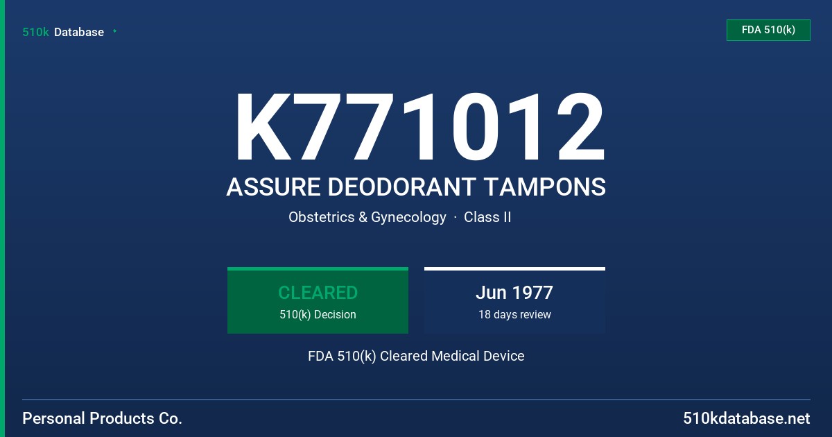 K771012 ASSURE DEODORANT TAMPONS FDA 510(k) Cleared Medical Device