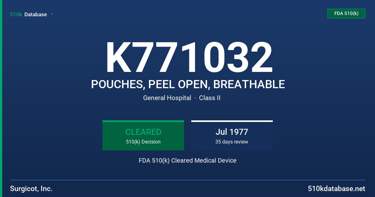 K771032 POUCHES, PEEL OPEN, BREATHABLE FDA 510(k) Cleared Medical Device