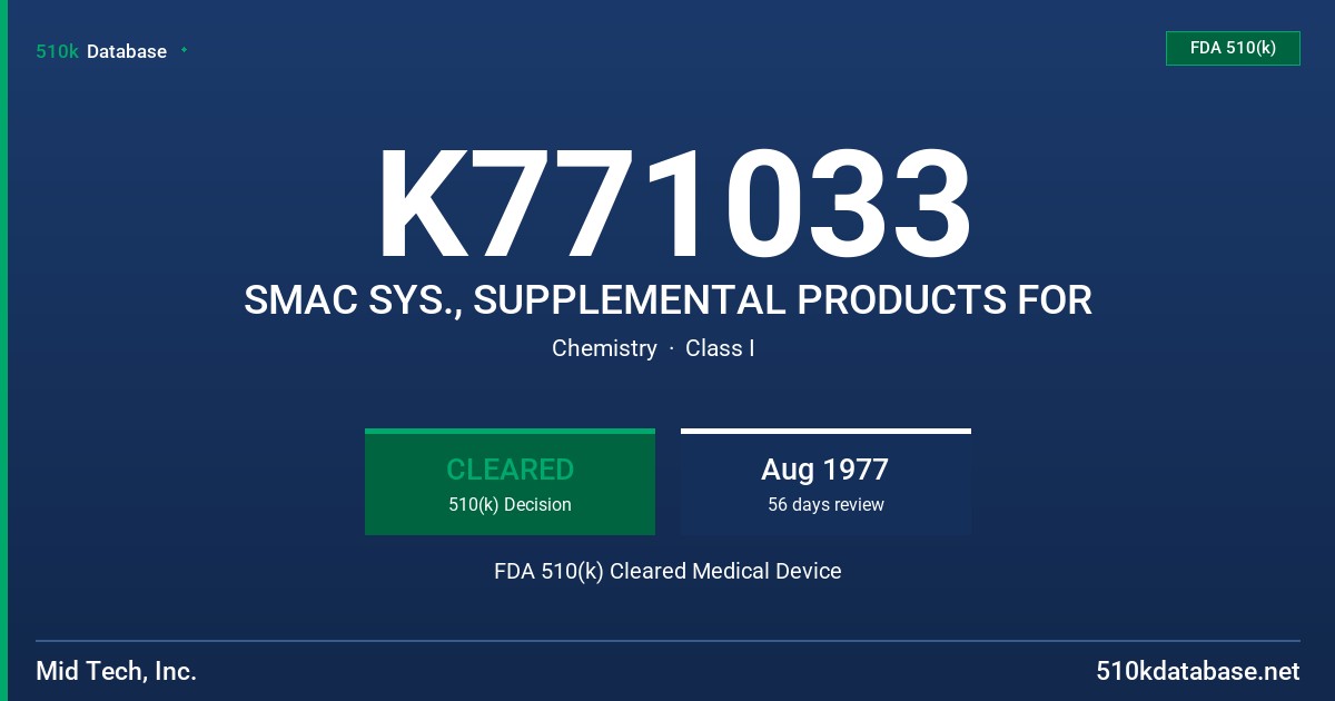 K771033 SMAC SYS., SUPPLEMENTAL PRODUCTS FOR FDA 510(k) Cleared Medical Device