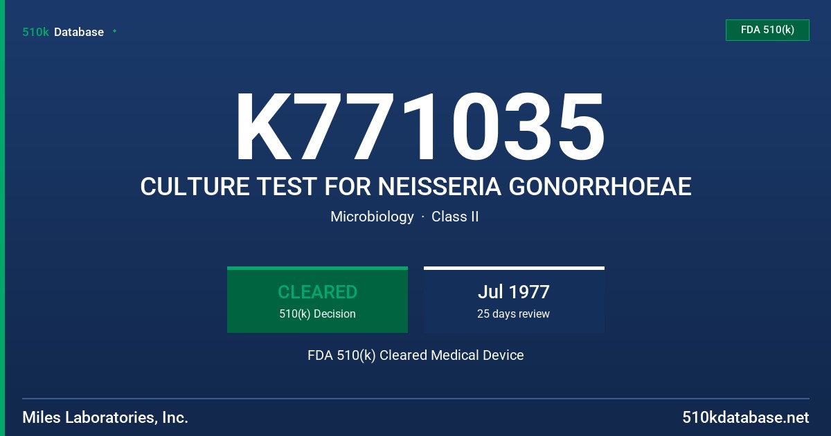 K771035 CULTURE TEST FOR NEISSERIA GONORRHOEAE FDA 510(k) Cleared Medical Device