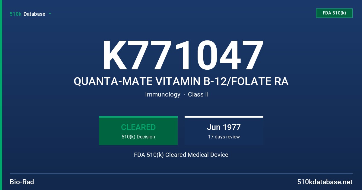 K771047 QUANTA-MATE VITAMIN B-12/FOLATE RA FDA 510(k) Cleared Medical Device
