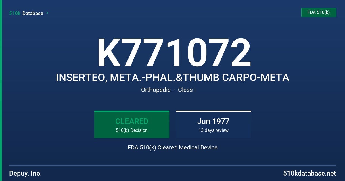 K771072 INSERTEO, META.-PHAL.&THUMB CARPO-META FDA 510(k) Cleared Medical Device