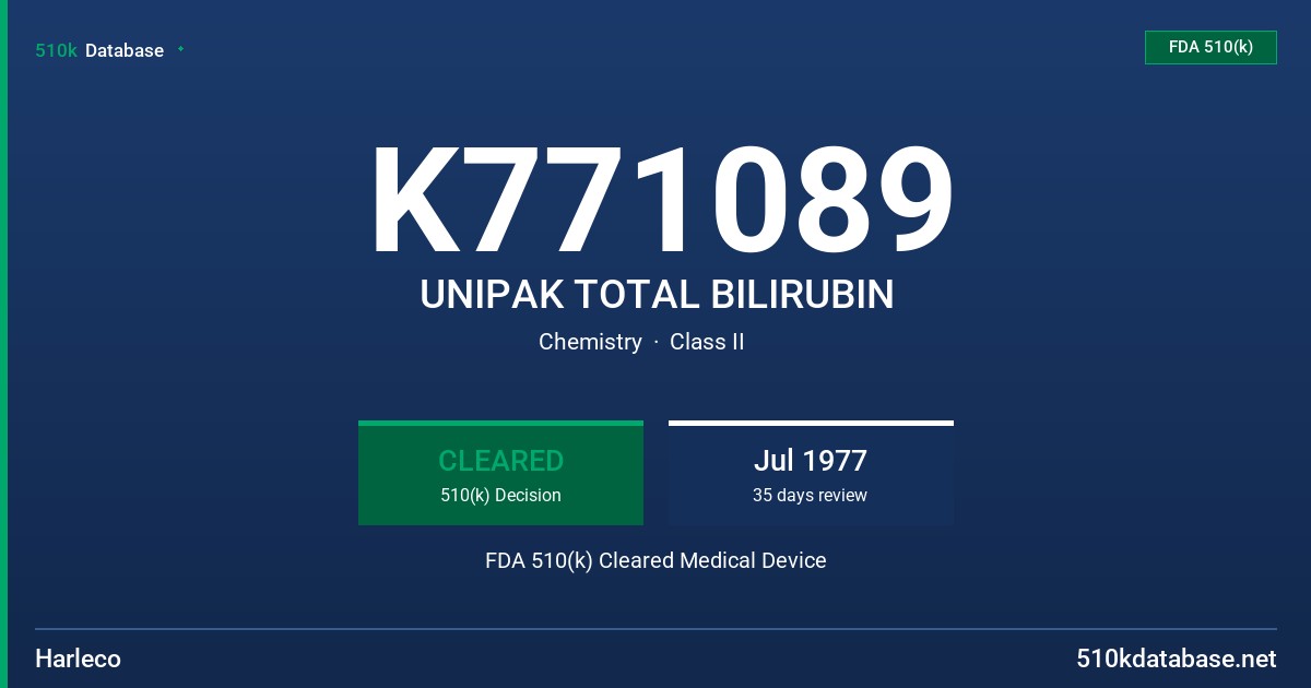 K771089 UNIPAK TOTAL BILIRUBIN FDA 510(k) Cleared Medical Device