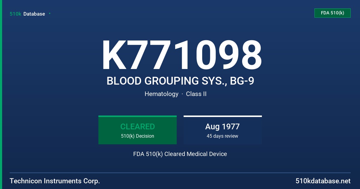 K771098 BLOOD GROUPING SYS., BG-9 FDA 510(k) Cleared Medical Device