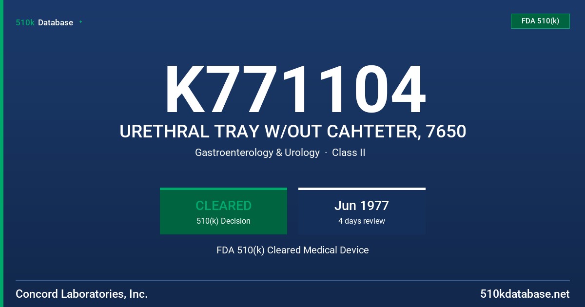 K771104 URETHRAL TRAY W/OUT CAHTETER, 7650 FDA 510(k) Cleared Medical Device