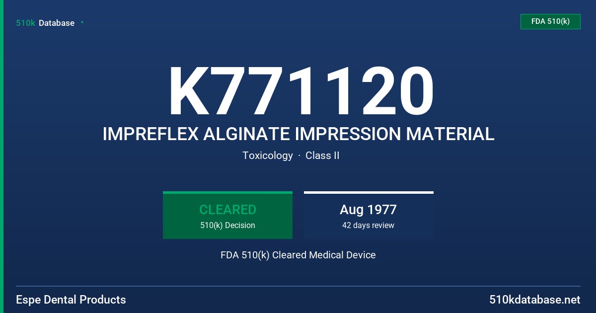 K771120 IMPREFLEX ALGINATE IMPRESSION MATERIAL FDA 510(k) Cleared Medical Device