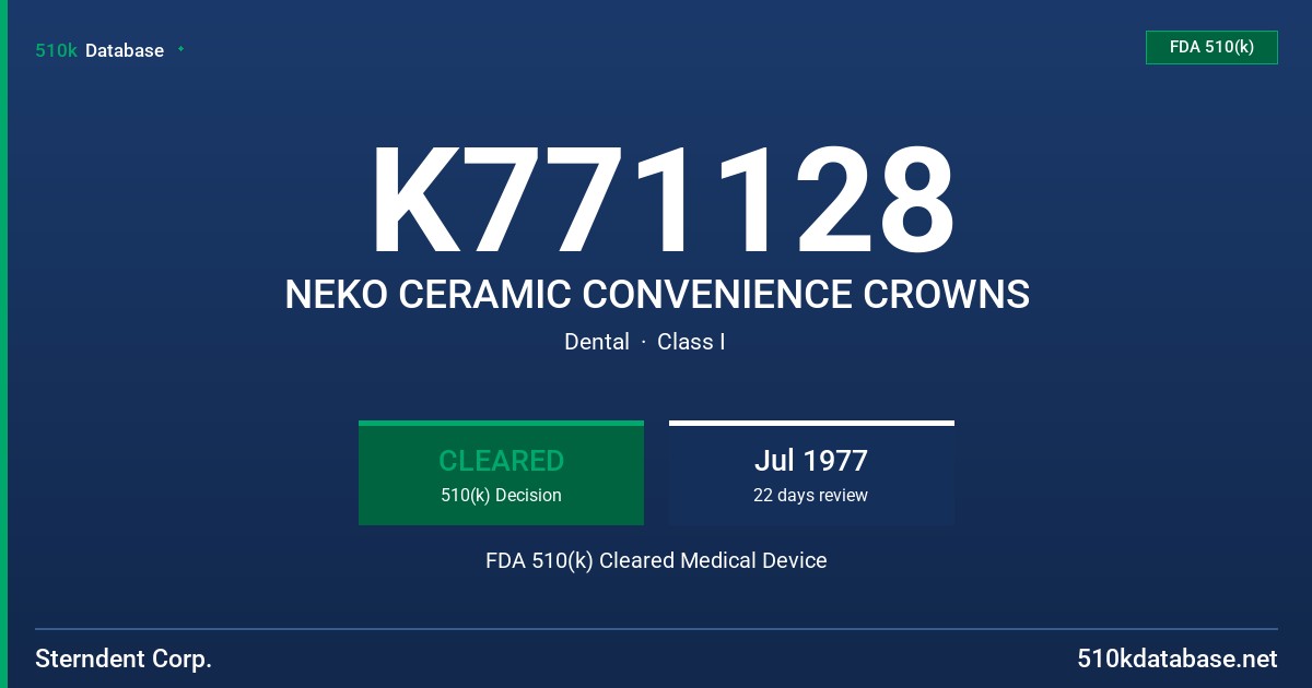 K771128 NEKO CERAMIC CONVENIENCE CROWNS FDA 510(k) Cleared Medical Device