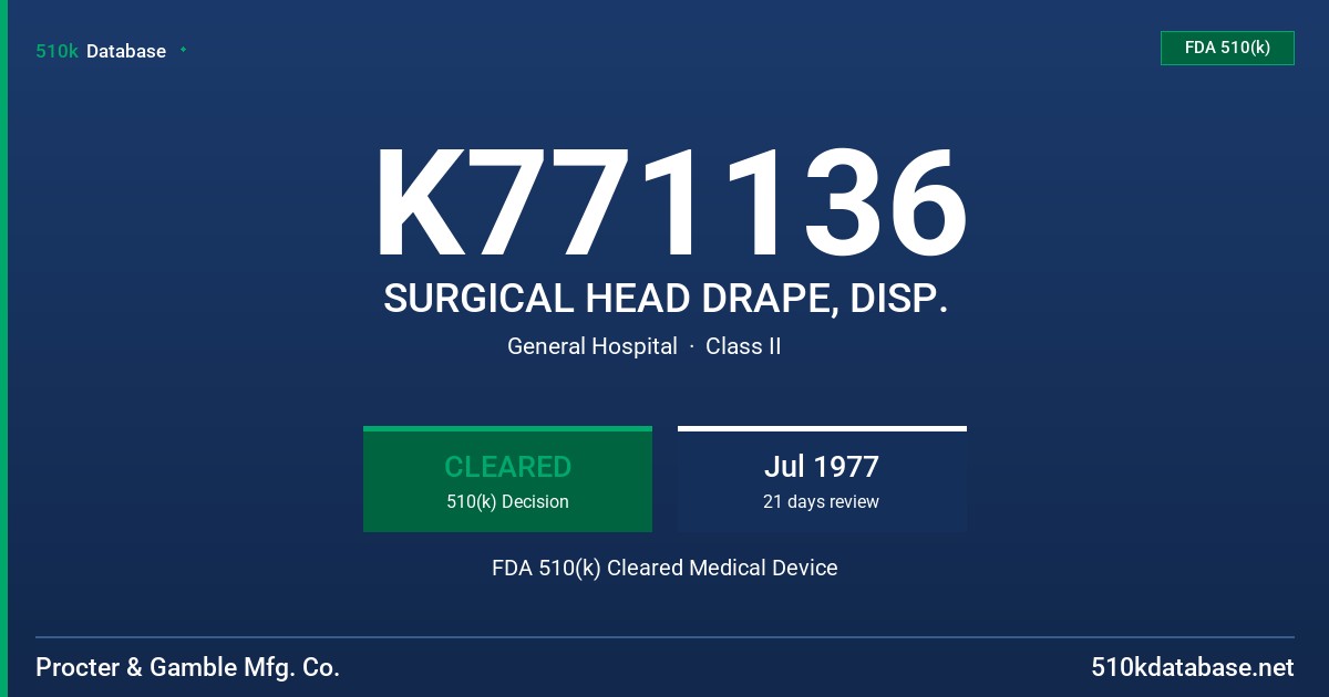 K771136 SURGICAL HEAD DRAPE, DISP. FDA 510(k) Cleared Medical Device