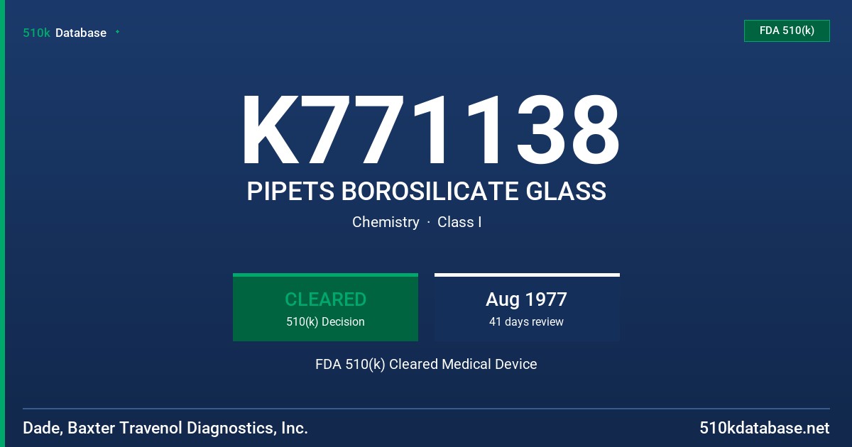 K771138 PIPETS BOROSILICATE GLASS FDA 510(k) Cleared Medical Device