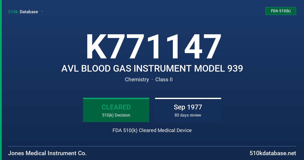 K771147 AVL BLOOD GAS INSTRUMENT MODEL 939 FDA 510(k) Cleared Medical Device