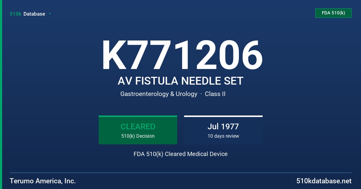 K771206 AV FISTULA NEEDLE SET FDA 510(k) Cleared Medical Device