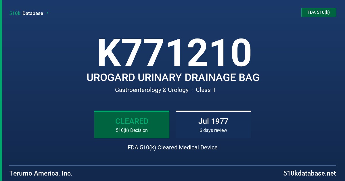 K771210 UROGARD URINARY DRAINAGE BAG FDA 510(k) Cleared Medical Device