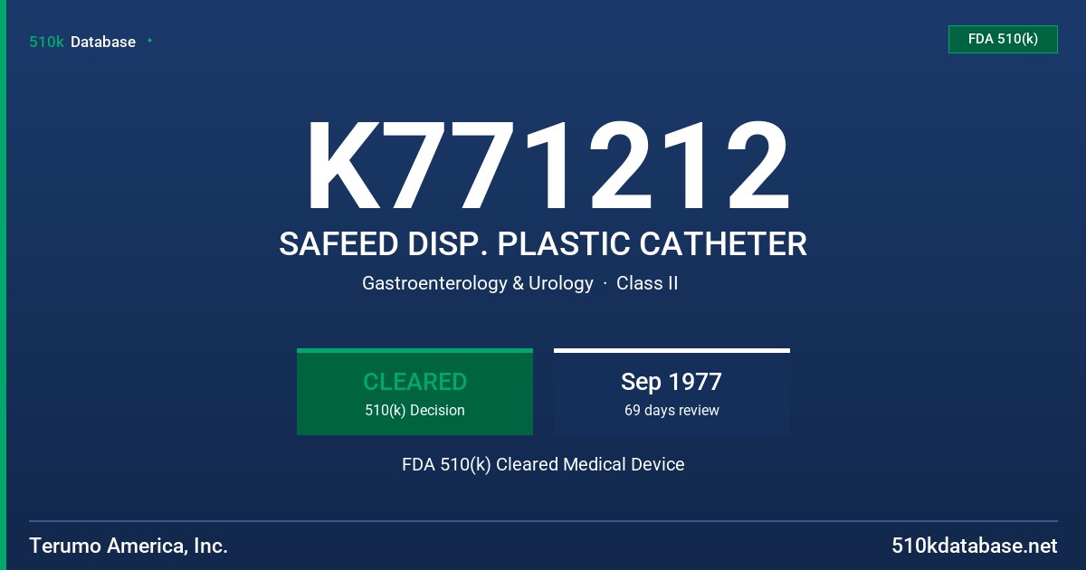K771212 SAFEED DISP. PLASTIC CATHETER FDA 510(k) Cleared Medical Device