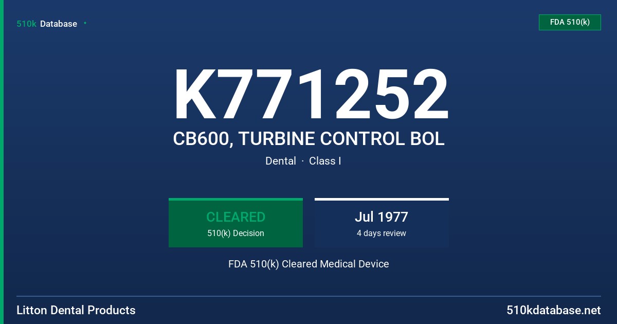 K771252 CB600, TURBINE CONTROL BOL FDA 510(k) Cleared Medical Device