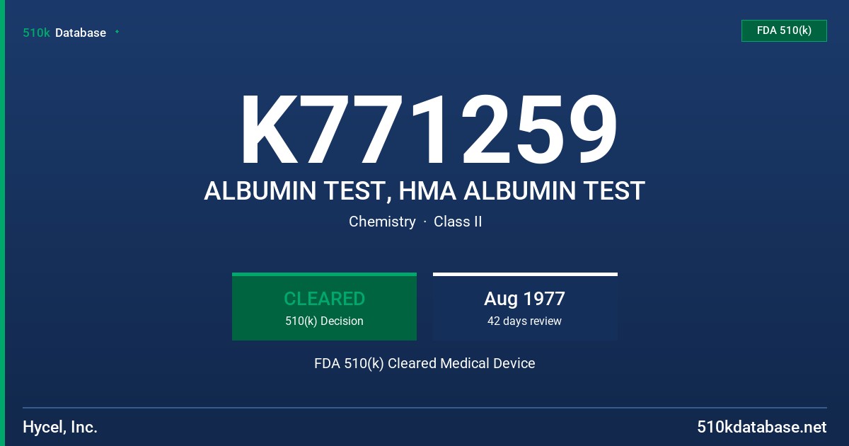 K771259 ALBUMIN TEST, HMA ALBUMIN TEST FDA 510(k) Cleared Medical Device