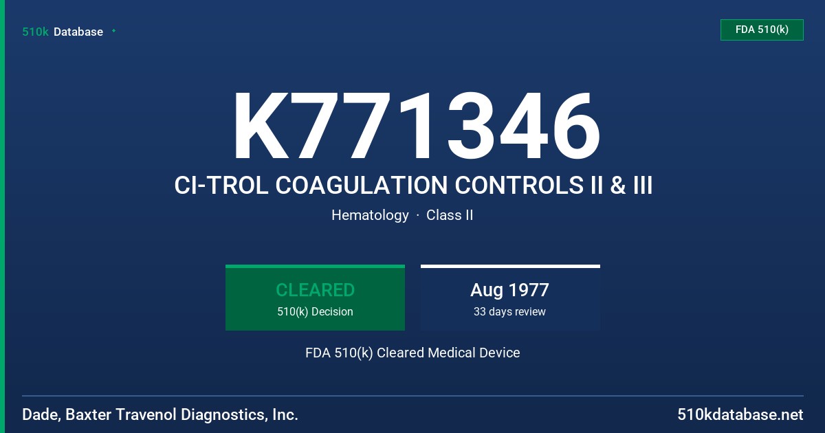 K771346 CI-TROL COAGULATION CONTROLS II & III FDA 510(k) Cleared Medical Device