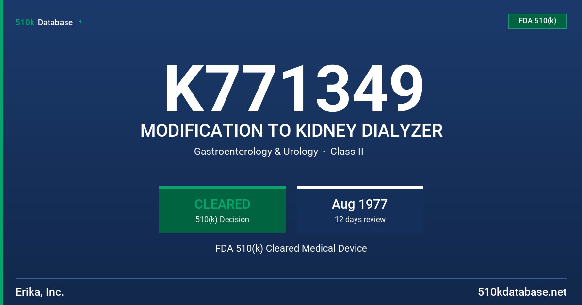 K771349 MODIFICATION TO KIDNEY DIALYZER FDA 510(k) Cleared Medical Device