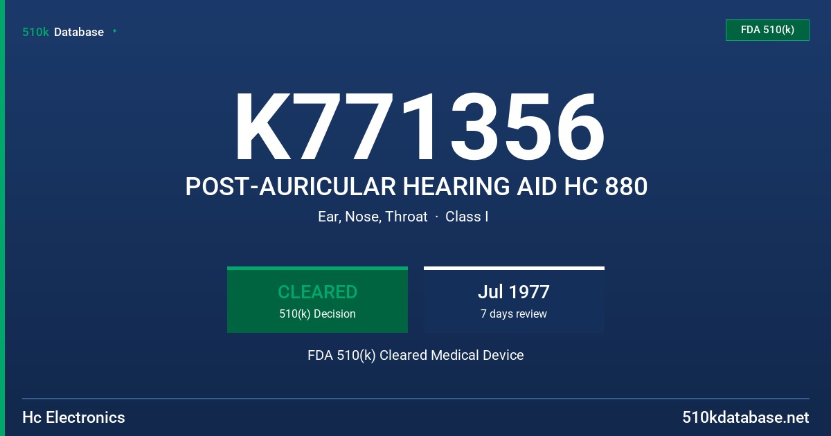 K771356 POST-AURICULAR HEARING AID HC 880 FDA 510(k) Cleared Medical Device