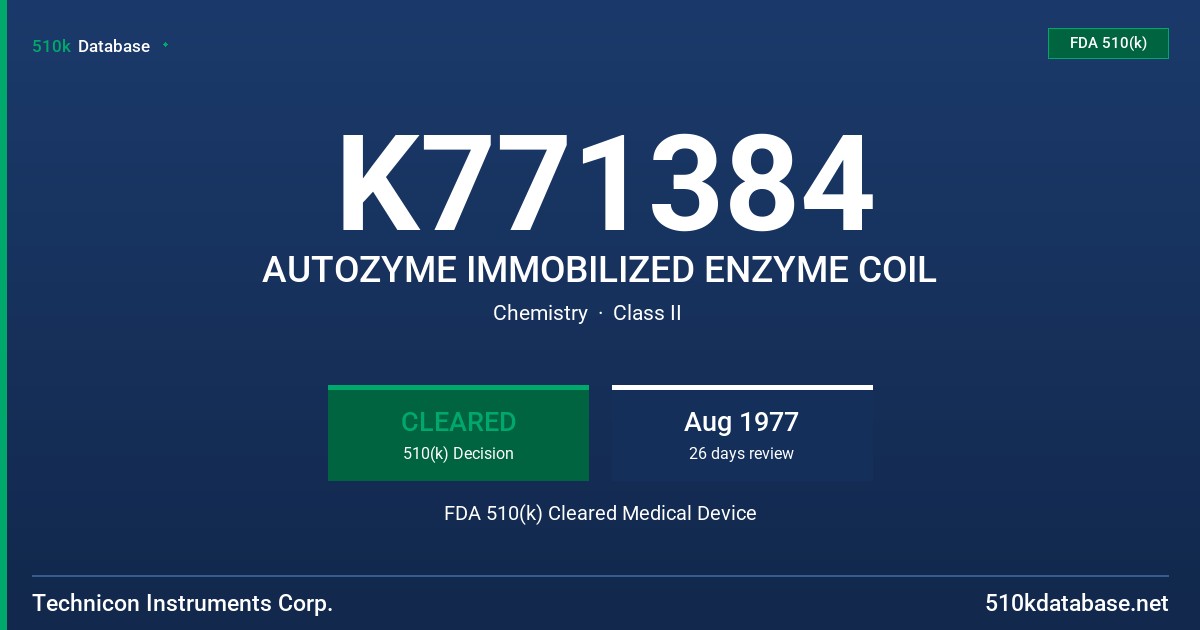 K771384 AUTOZYME IMMOBILIZED ENZYME COIL FDA 510(k) Cleared Medical Device