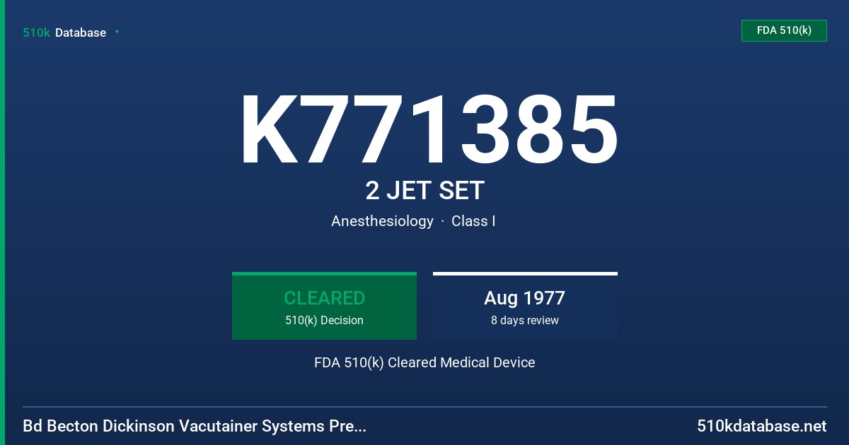 K771385 2 JET SET FDA 510(k) Cleared Medical Device
