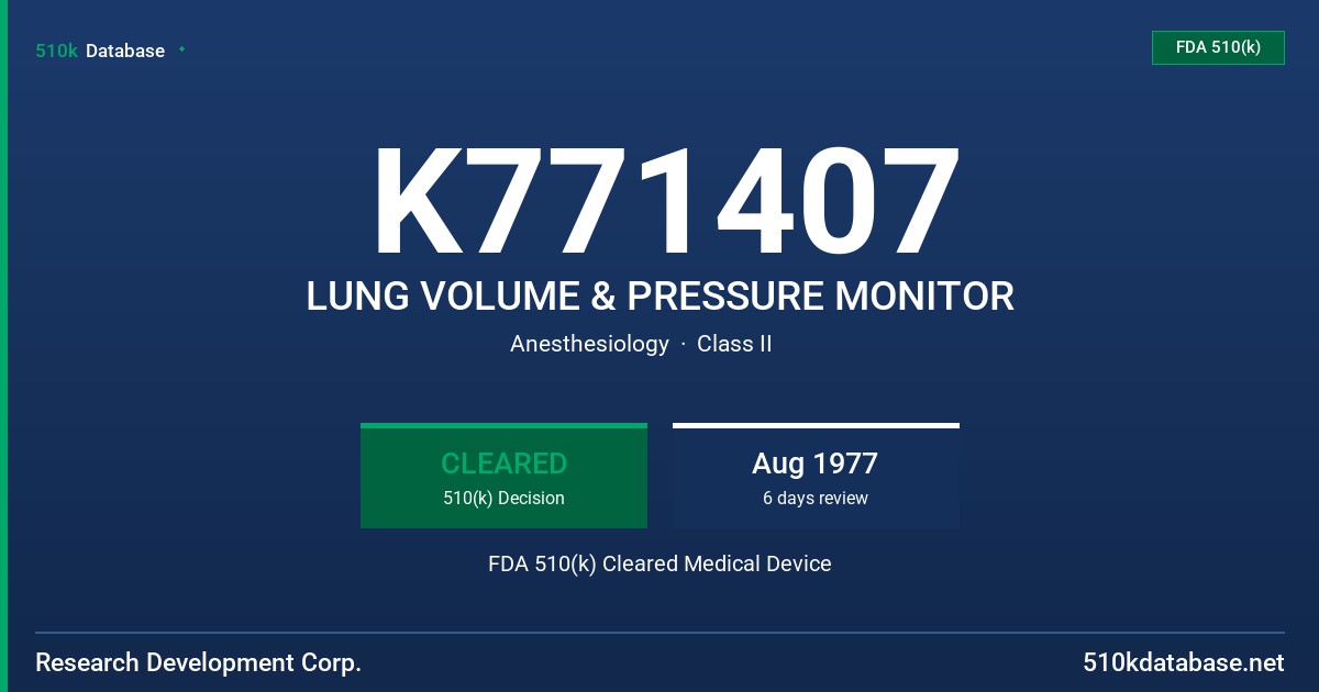 K771407 LUNG VOLUME & PRESSURE MONITOR FDA 510(k) Cleared Medical Device