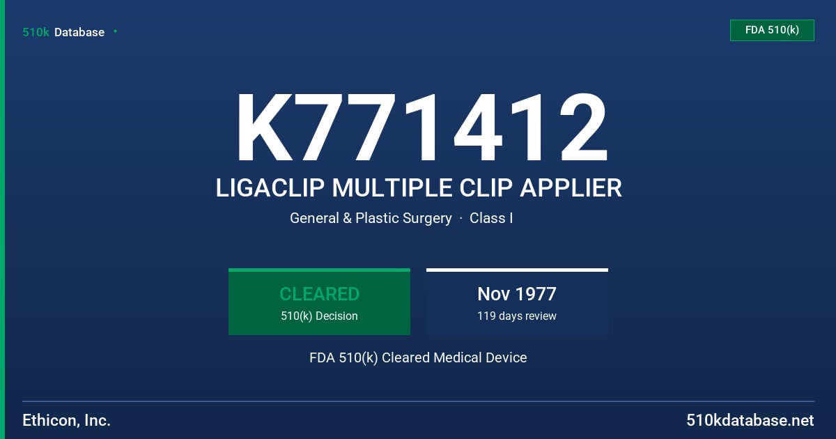 K771412 LIGACLIP MULTIPLE CLIP APPLIER FDA 510(k) Cleared Medical Device