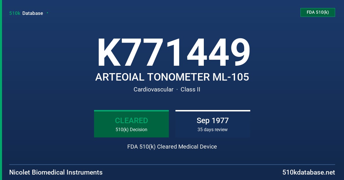 K771449 ARTEOIAL TONOMETER ML-105 FDA 510(k) Cleared Medical Device