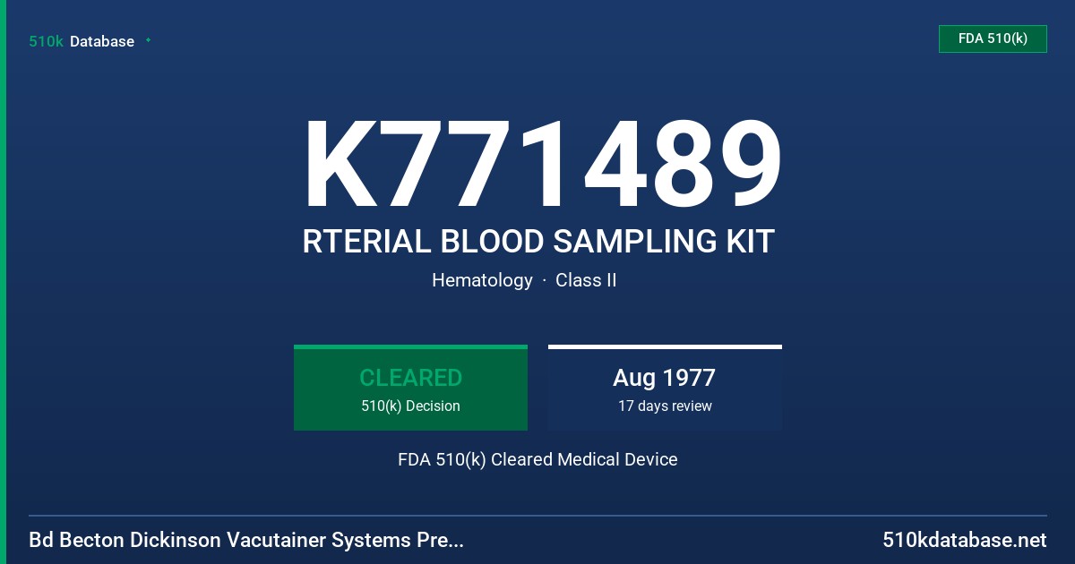 K771489 RTERIAL BLOOD SAMPLING KIT FDA 510(k) Cleared Medical Device