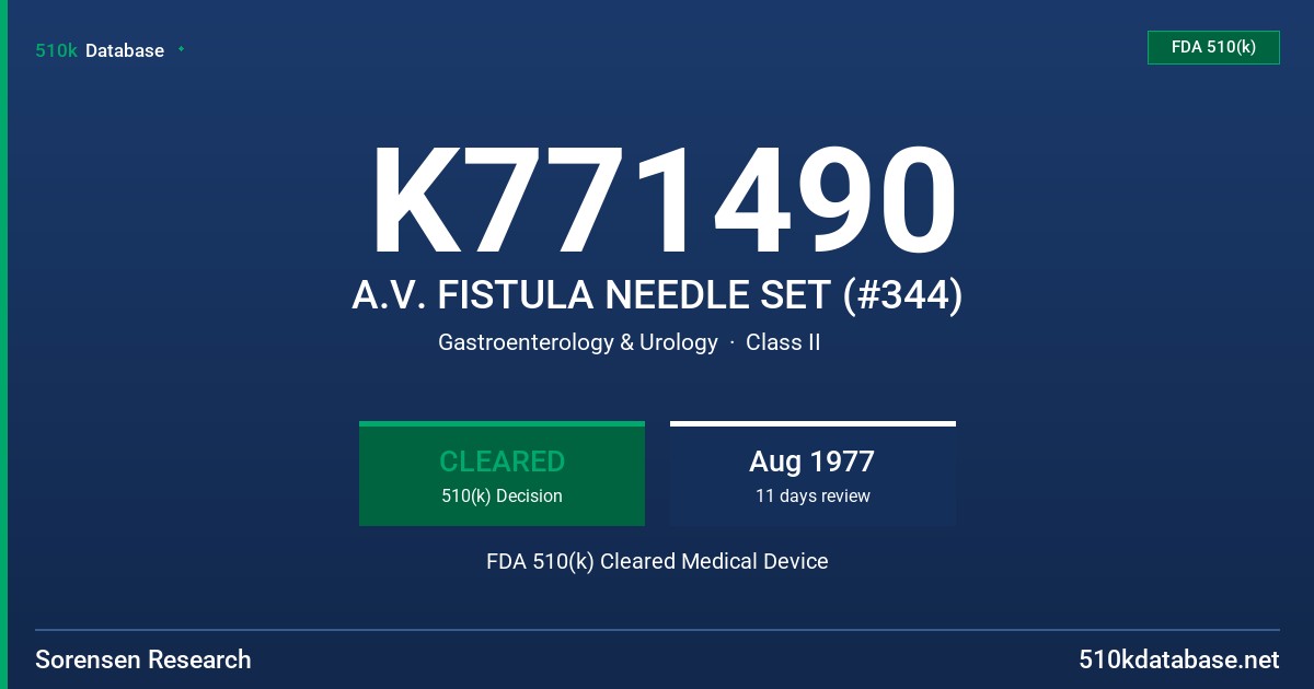 K771490 A.V. FISTULA NEEDLE SET (#344) FDA 510(k) Cleared Medical Device