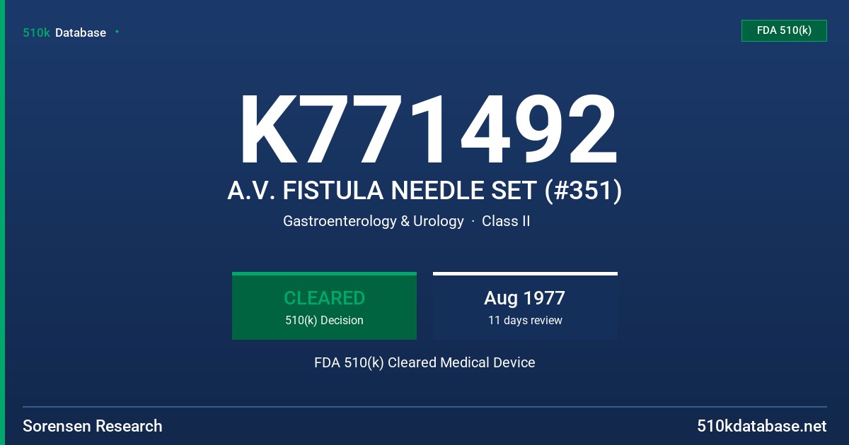 K771492 A.V. FISTULA NEEDLE SET (#351) FDA 510(k) Cleared Medical Device
