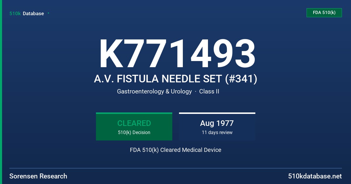 K771493 A.V. FISTULA NEEDLE SET (#341) FDA 510(k) Cleared Medical Device