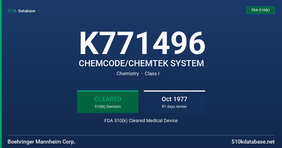 K771496 CHEMCODE/CHEMTEK SYSTEM FDA 510(k) Cleared Medical Device