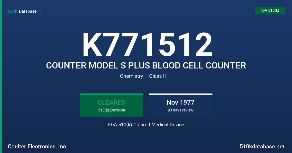 K771512 COUNTER MODEL S PLUS BLOOD CELL COUNTER FDA 510(k) Cleared Medical Device