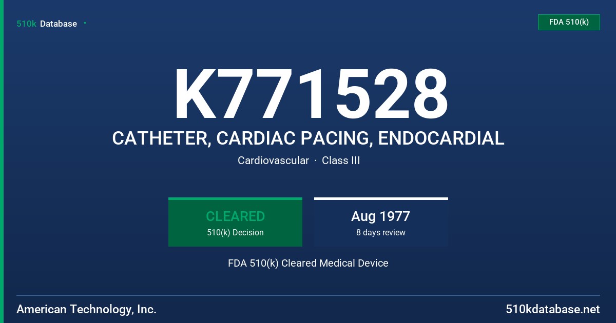 K771528 CATHETER, CARDIAC PACING, ENDOCARDIAL FDA 510(k) Cleared Medical Device