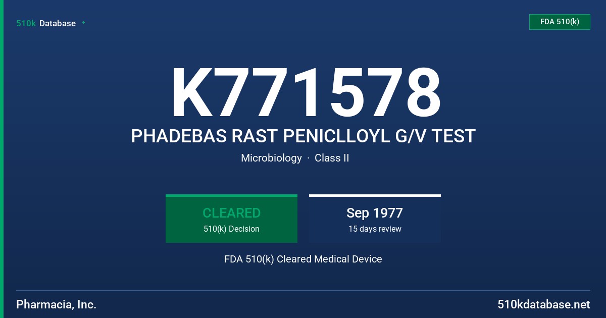 K771578 PHADEBAS RAST PENICLLOYL G/V TEST FDA 510(k) Cleared Medical Device
