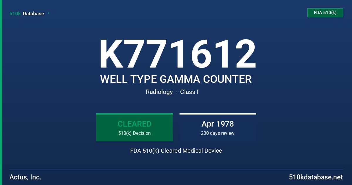 K771612 WELL TYPE GAMMA COUNTER FDA 510(k) Cleared Medical Device