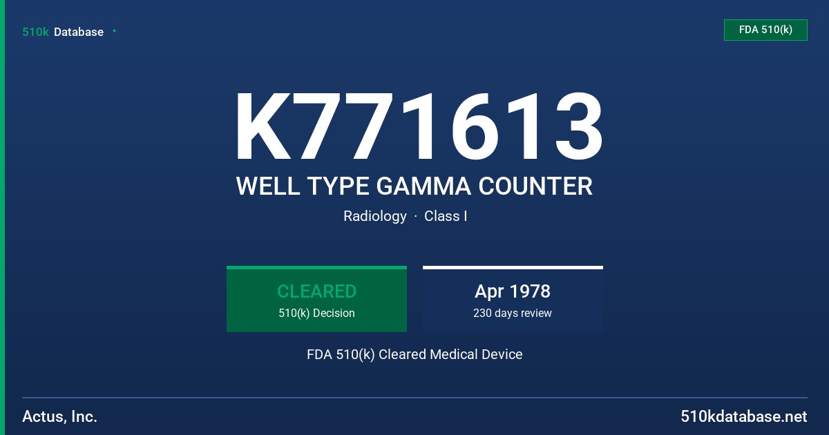 K771613 WELL TYPE GAMMA COUNTER FDA 510(k) Cleared Medical Device