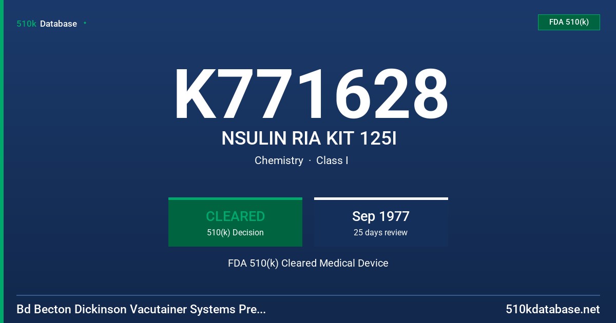 K771628 NSULIN RIA KIT 125I FDA 510(k) Cleared Medical Device